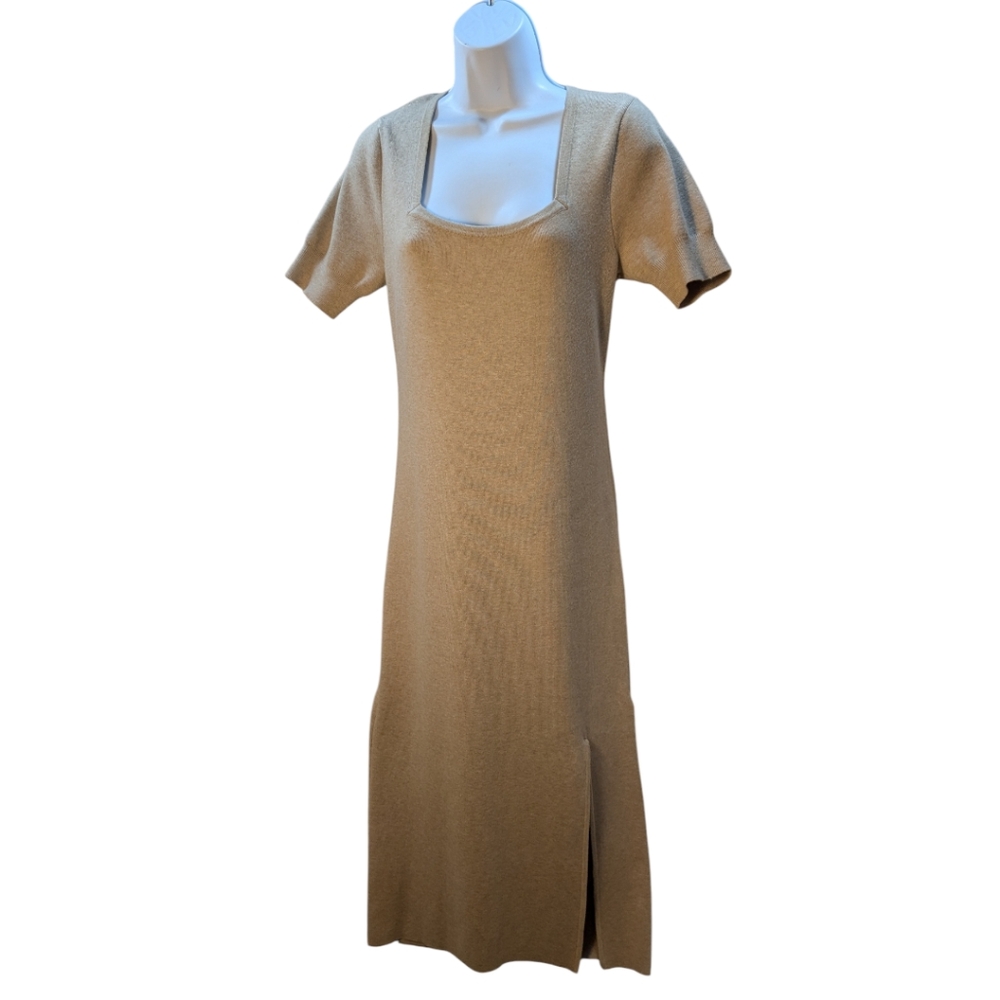 RACHEL ZOE Tan / Beige Knit Sweater Dress Midi Length Great w/ Boots SZ M